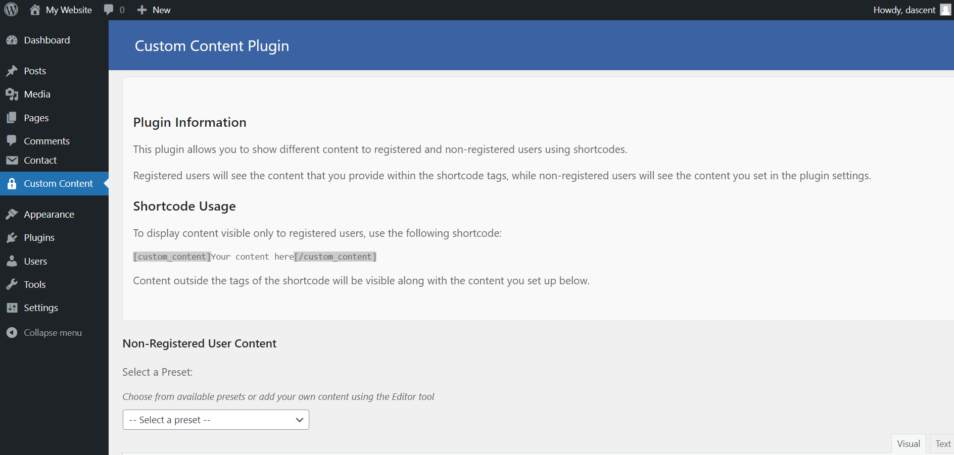 Plugin options page